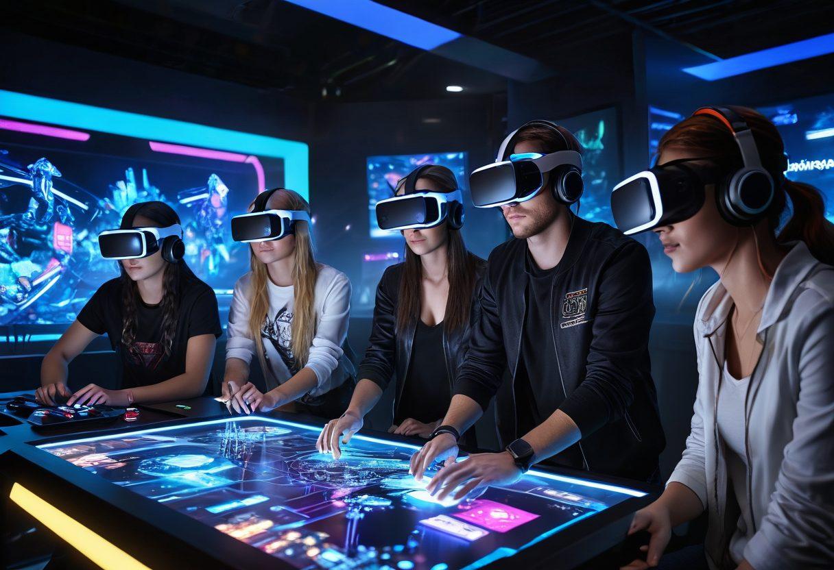 A futuristic gaming landscape featuring immersive virtual reality elements, dynamic game design blueprints scattered across a digital table, and diverse gamers interacting with advanced technology. Incorporate vibrant colors and neon lights to portray excitement and innovation in the gaming industry. super-realistic. 3D. vibrant colors.