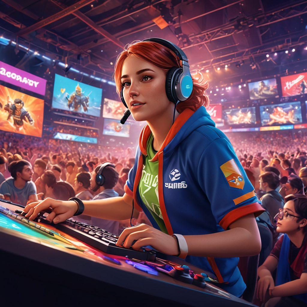 A dynamic collage showcasing indie game characters in action, transitioning into eSports champions competing in a vibrant arena filled with cheering fans. Include game mechanics like health bars, power-ups, and skill trees artistically integrated into the scene. Highlight the connection between grassroots game development and competitive eSports culture. Bright, engaging colors that evoke excitement and community spirit. super-realistic. vibrant colors. 3D.