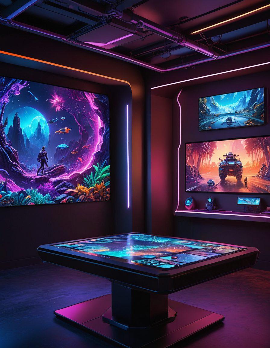 A futuristic game design studio filled with vibrant holographic displays showcasing innovative game mechanics. Designers and developers collaborate over digital tablets, surrounded by neon lights and immersive virtual reality equipment. Elements of action, fantasy, and virtual worlds are visible on screens, enhancing the dynamic atmosphere. super-realistic. vibrant colors. 3D.